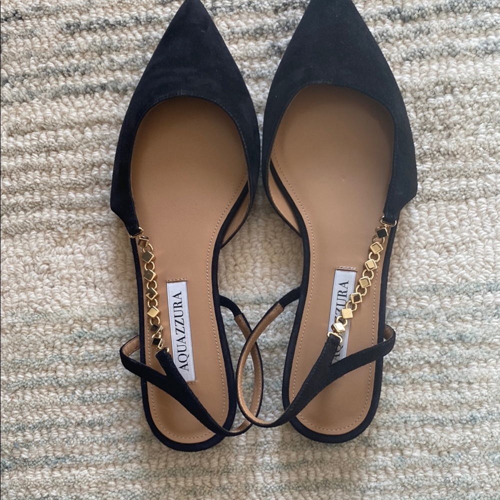 Aquazzura Gramercy Black Flats with Ankle Strap and Pointed Toe